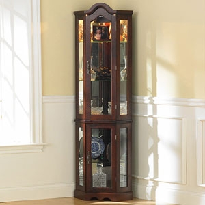 Lighted Corner Curio Cabinet with Divided Doors and Mirrored Back