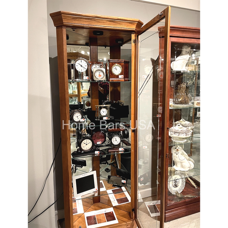 Lighted Display Case with Warm Oak Finish and Corner Design