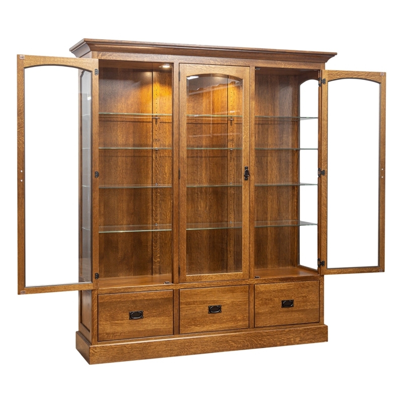 Lighted Mission Curio Cabinet featuring Three Base Drawers