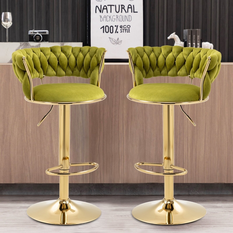 Lime Green Velvet Stool Polished Gold Pedestal Braided Back Glam.