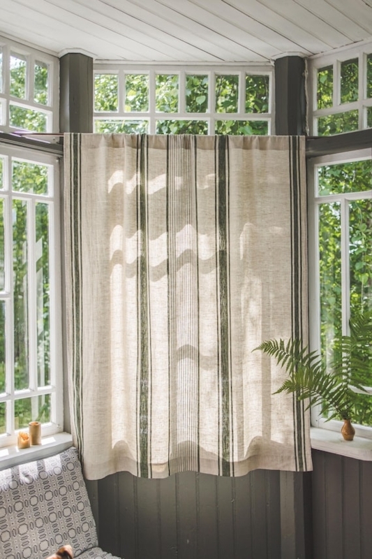 Linen Curtain Vertical Stripes Forest Green French Farmhouse Sunroom