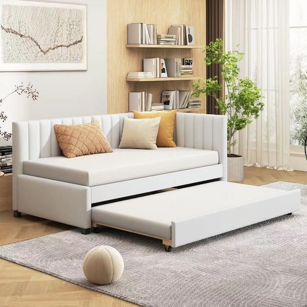 Linen-Look Daybed with Vertical Channel Tufting and Wrap-Around Arms