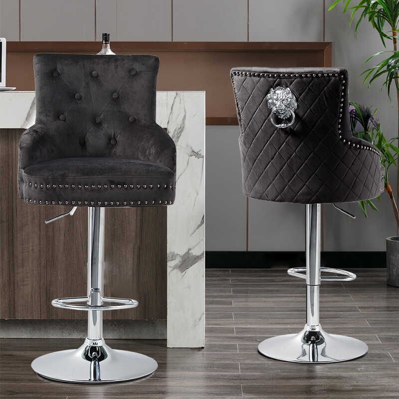 Lion Head Knocker Stool, Diamond Quilted Back & Chrome Base.