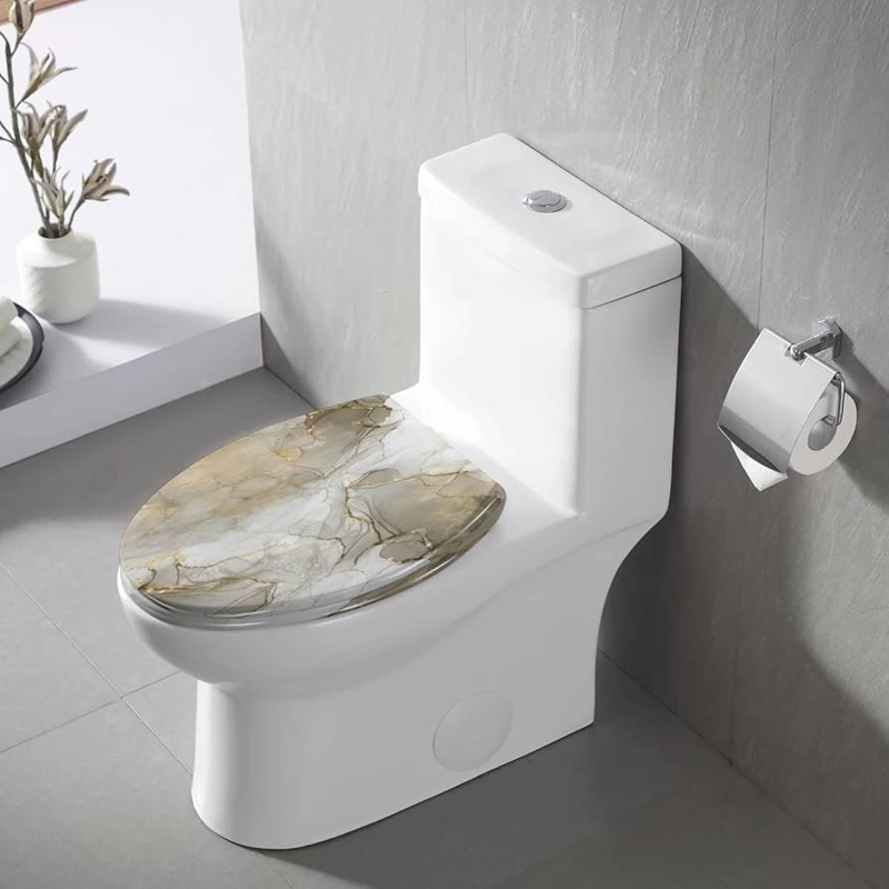 Liquid Marble Toilet Seat: Elongated Resin with Gold and Tan Accents.