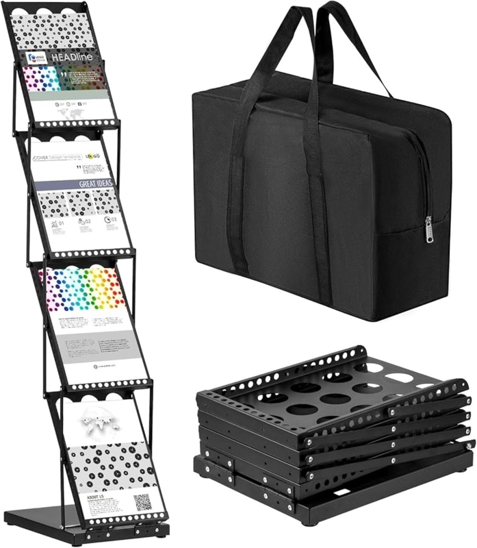 Literature Rack with Z-Frame Design, Foldable Black Perforated Stand