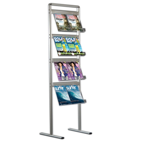 Literature Stand with Acrylic Racks, 4-Tiered Silver Floor Display