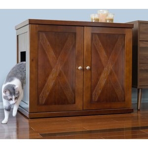 Litter Box Enclosure Mahogany Finish X-Brace Doors Farmhouse Plinth Base