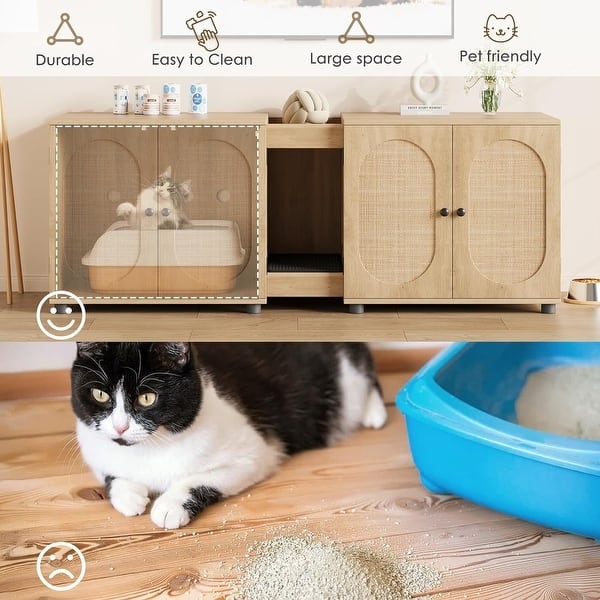 Litter Box Enclosure Oval Rattan Cane Inlay Panels Light Oak Double