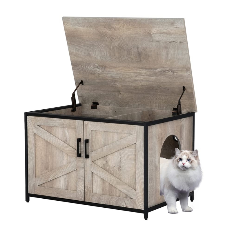 Litter Box Enclosure Top Opening Lid with Gas Struts Weathered Grey