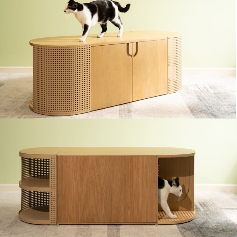 Litter Box Enclosure with Capsule Silhouette Perforated Wood Minimalist