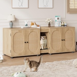 Litter Box Furniture with Rattan Cane Doors Arched Boho Cabinet Light Oak