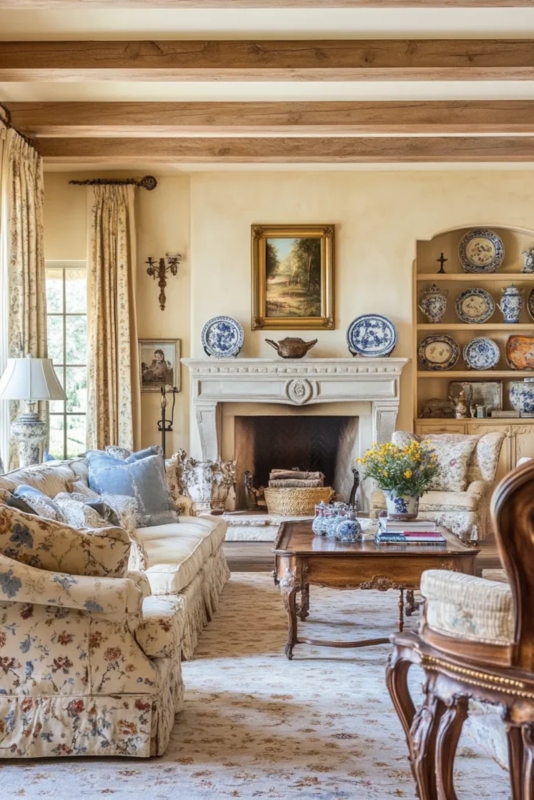 Living Room: Blue and White Ceramic Decor with Floral Upholstered Furniture