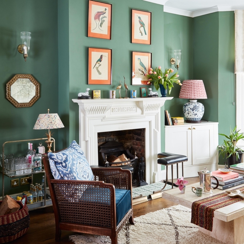 Living Room Eclectic Maximalist Sage Walls Rattan Accent Chair