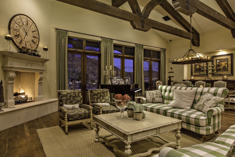 Living Room: Gingham Sofa Styling with Vaulted Ceiling Wood Beams