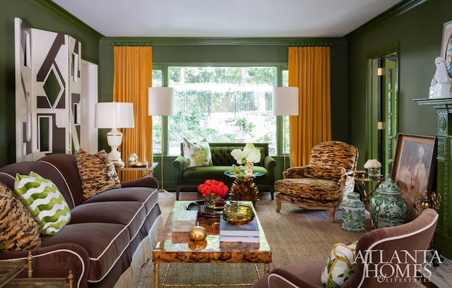 Living Room Maximalist Dark Green Walls Animal Print Burled Wood