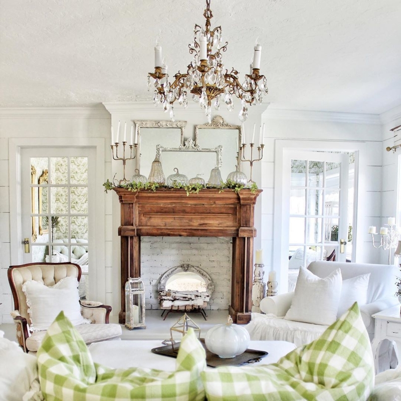 Living Room Scene: White Shiplap Walls and Layered Mantel Mirrors