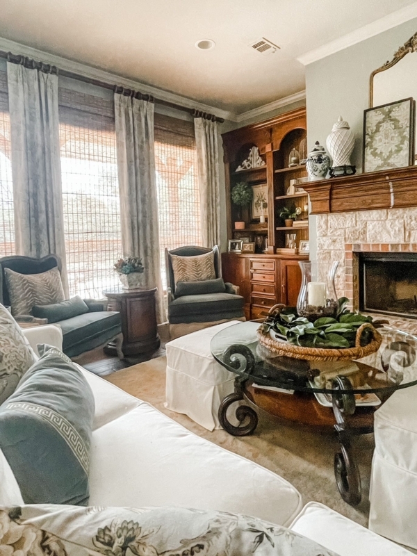 Living Room: Scroll Leg Coffee Table & Stone Fireplace Decor
