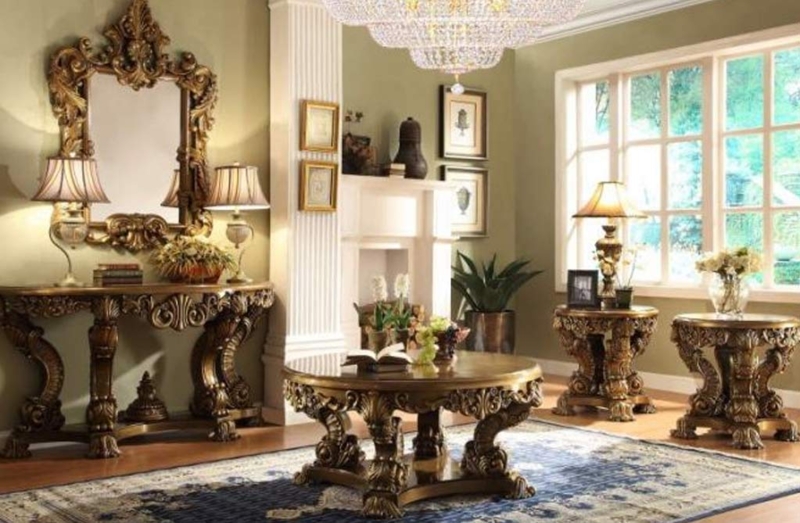 Living Room Set, Antique Gold Finish, Ornate Apron, Hand Carved