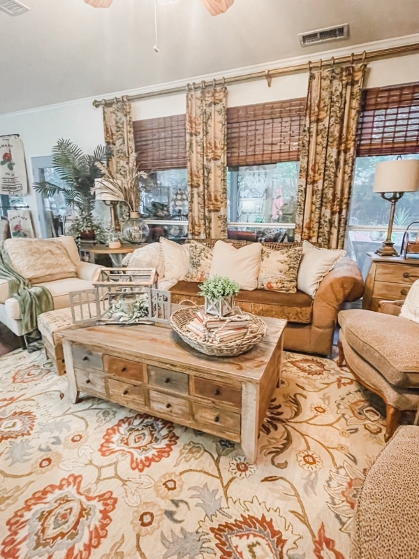 Living Room Set: Apothecary Coffee Table and Layered Window Treatments