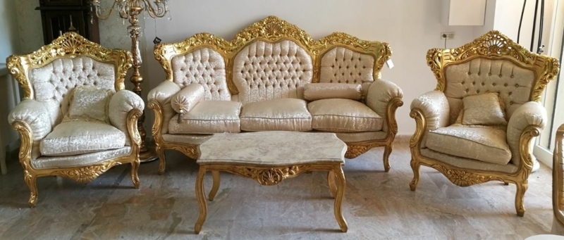 Living Room Set: Crystal Button Tufting, Ivory Silk Fabric, Gold Leaf Finish