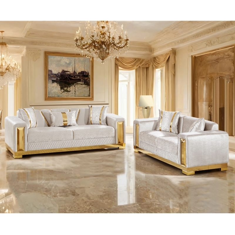 Living Room Set: Diamond Quilting Base, Cream Upholstery, Gold Trim Arms