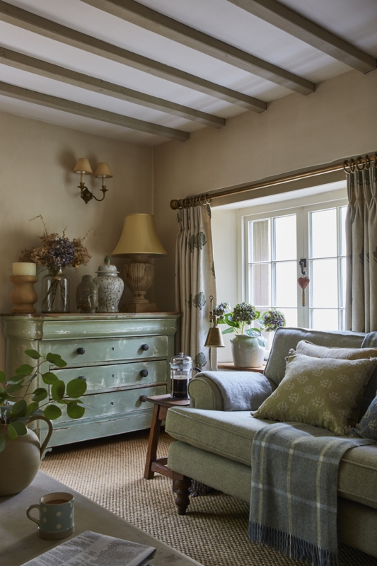 Living Room Set: Distressed Green Commode and Botanical Print Curtains