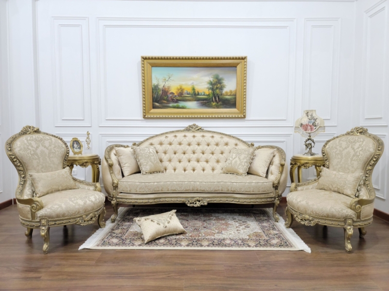 Living Room Set: French Gold Leaf Frame, Tan Damask, Rococo Revival Style