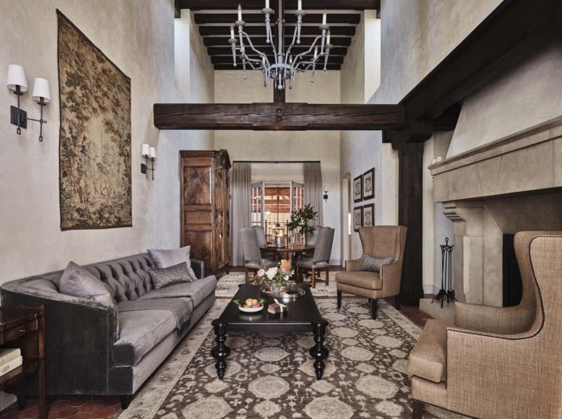 Living Room Set: Grey Tufted Sofa Styling and Landscape Tapestry