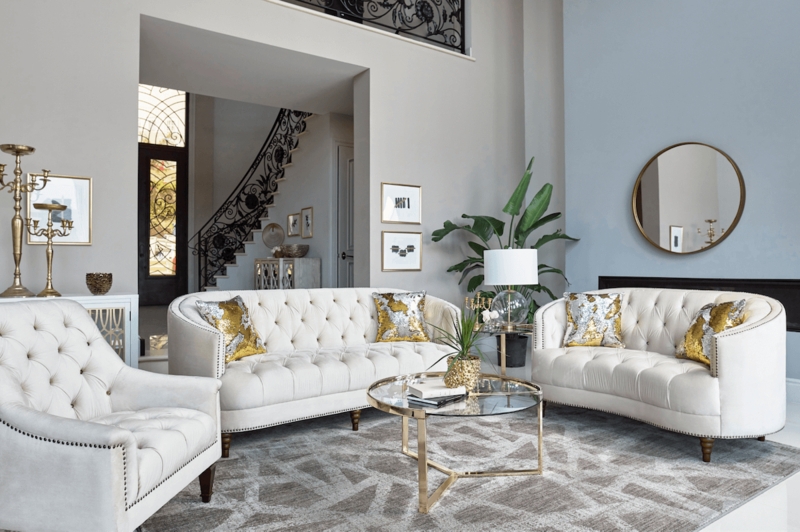 Living Room Set: Ivory Tufted Sofa Set, Polished Gold Accents, Glam Style