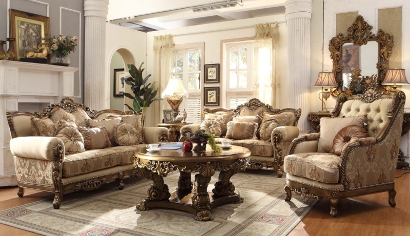 Living Room Set: Multi Tone Upholstery, Metallic Antique Gold Carvings