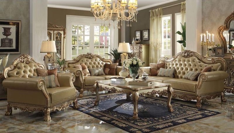 Living Room Set: Ornate Gold Carvings, Champagne Upholstery, Baroque Style