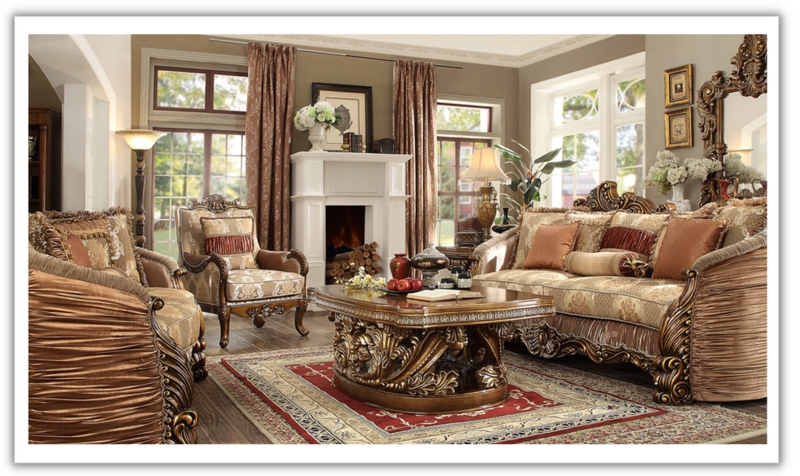 Living Room Set: Pleated Exterior Fabric, Metallic Gold, Damask Pattern
