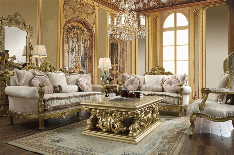 Living Room Set: Round Accent Pillows, Metallic Bright Gold, Rococo Style