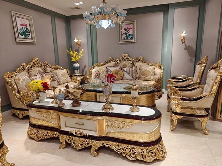 Living Room Set: Royal Baroque Style, Ornate White Stone Table, Gold Leaf