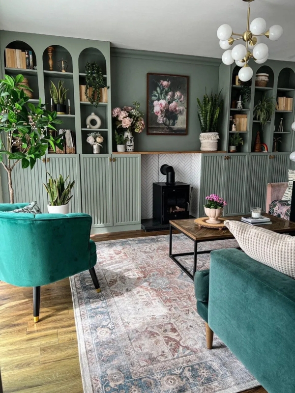 Living Room Set Sage Green Arched Built-Ins Teal Velvet Chair