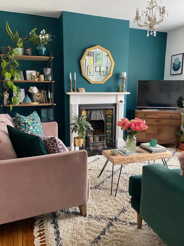 Living Room Set Teal Walls Pink Velvet Sofa Hairpin Legs Eclectic