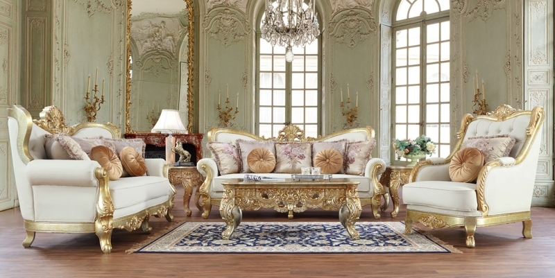 Living Room Set: White Leather, High Back, Ornate Gold Scrolling Details