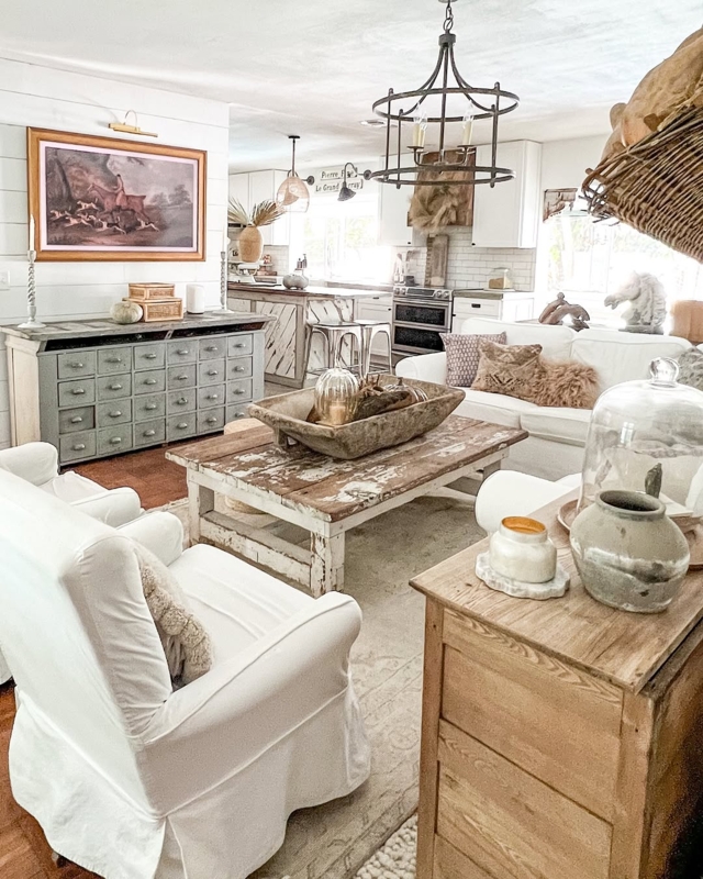 Living Room Set with Rustic Apothecary Chest and White Slipcovers