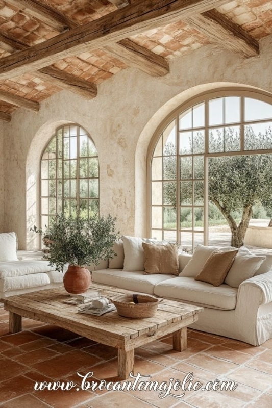 Living Room: Terracotta Tile Flooring and Rustic Beam Ceiling Design