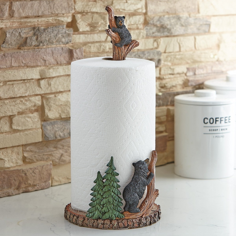 Lodge Style Paper Towel Holder with Black Bear and Pine Tree Accents