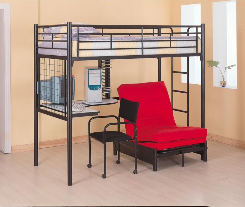Loft Bed Black Metal Integrated Desk With Red Futon Chair Mesh Panel