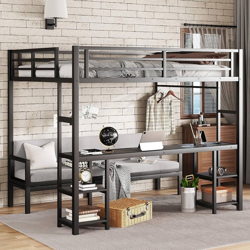 Loft Bed Black Metal Queen Built In Seating Integrated Desk