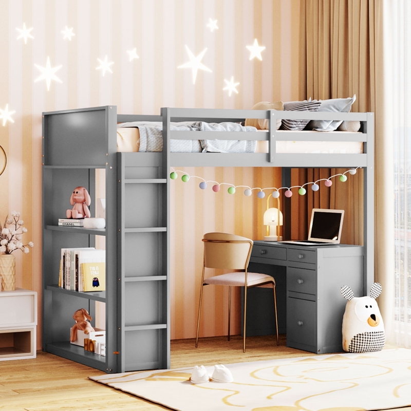 Loft Bed Cool Grey Finish Multifunctional Storage, Grey Loft Bed with Desk