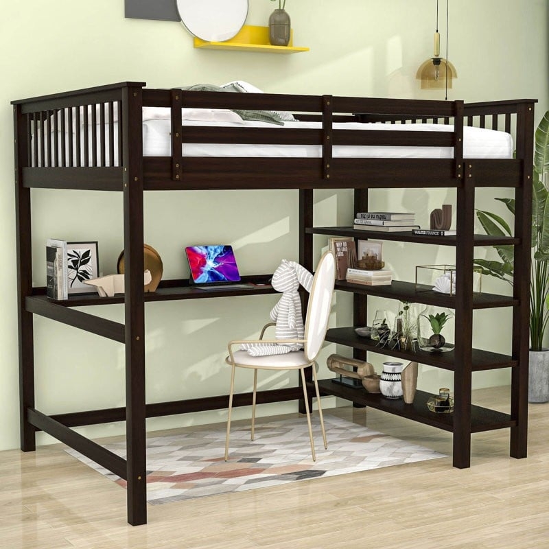 Loft Bed Espresso Finish Multi-Tier Shelving, Adult Loft Bed Workstation