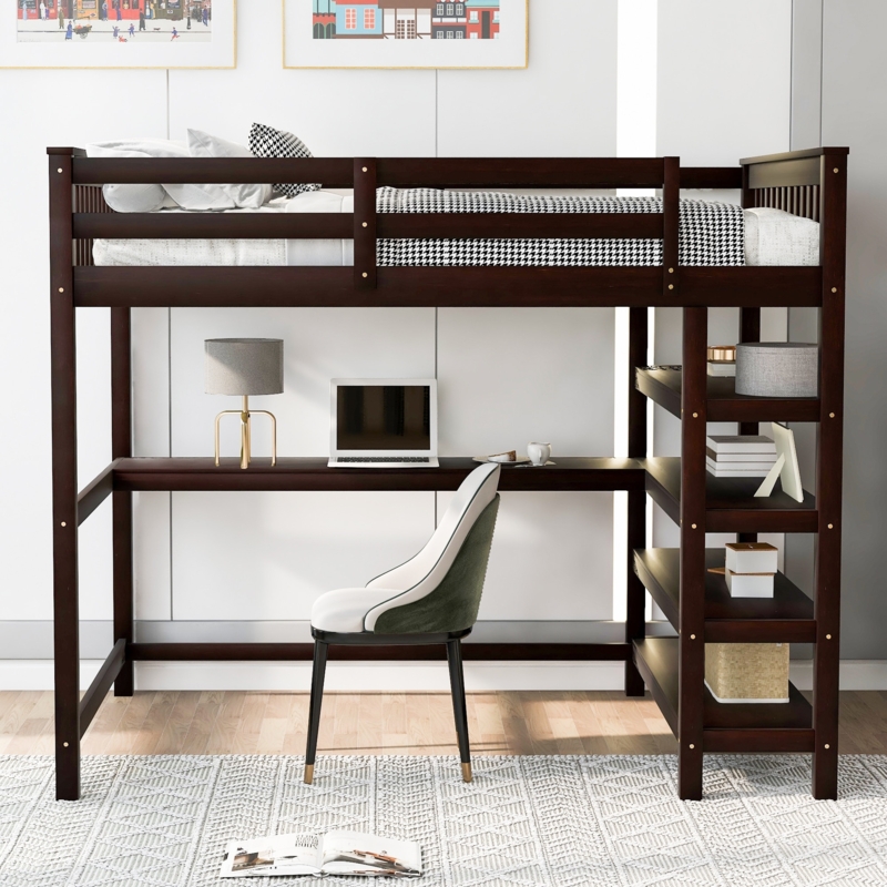 Loft Bed Espresso Wood Finish with Integrated Desk and Open Shelving