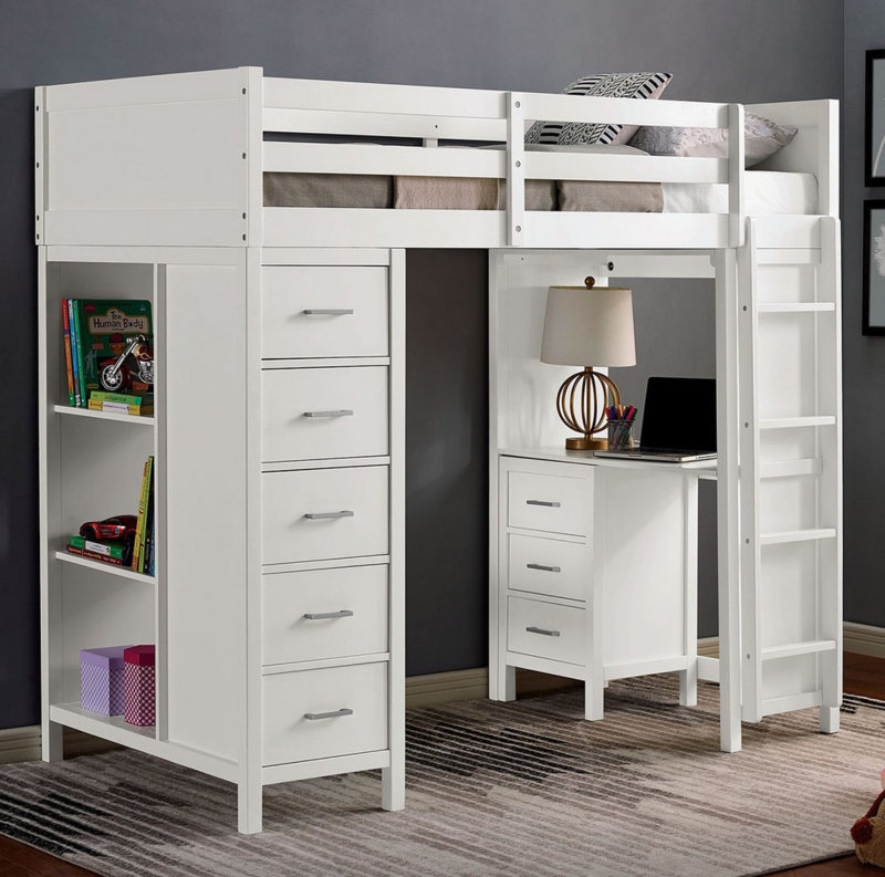 Loft Bed Five-Drawer Chest Open Shelving, White Loft Bed with Desk