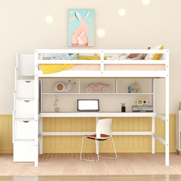 Loft Bed Full Size White with Storage Staircase and Integrated Desk