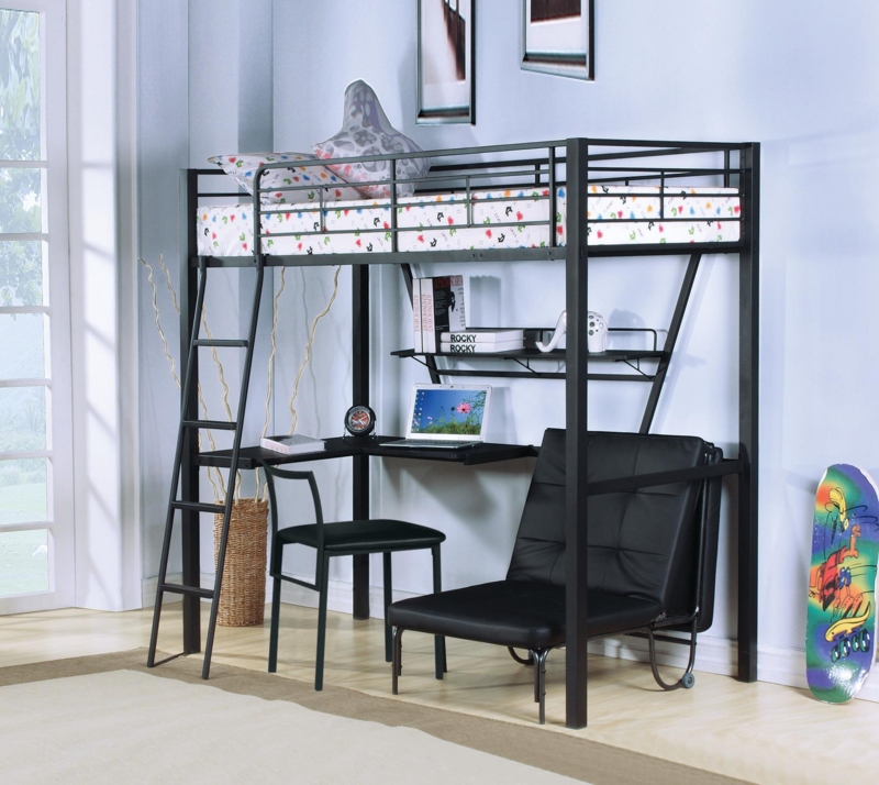 Loft Bed Industrial Matte Black Metal Futon Seating Integrated Desk