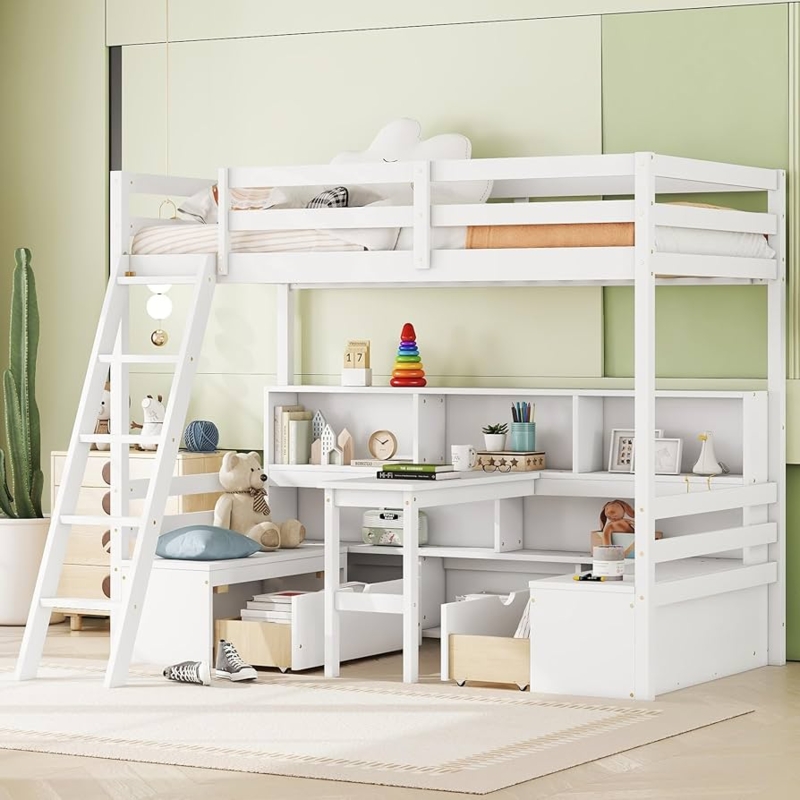 Loft Bed Integrated Bookcase Under-Bed Seating, Storage Bench Loft Bed
