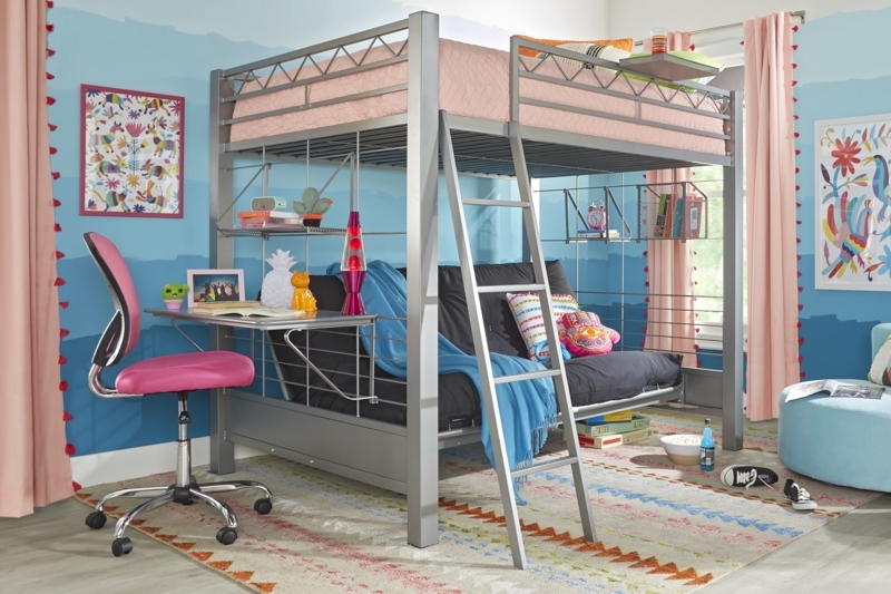 Loft Bed Metallic Gray Industrial X Pattern Rails Integrated Desk